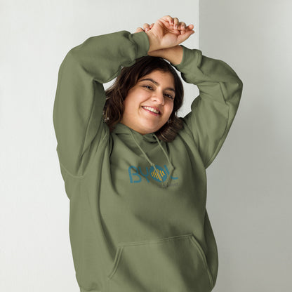 Woman wearing a military green BYOL mindset hoodie with color options in black, maroon, olive green, and gray, available in sizes S to 5XL.