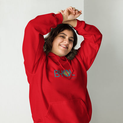 Woman wearing a red BYOL mindset hoodie with color options in black, maroon, olive green, and gray, available in sizes S to 5XL.