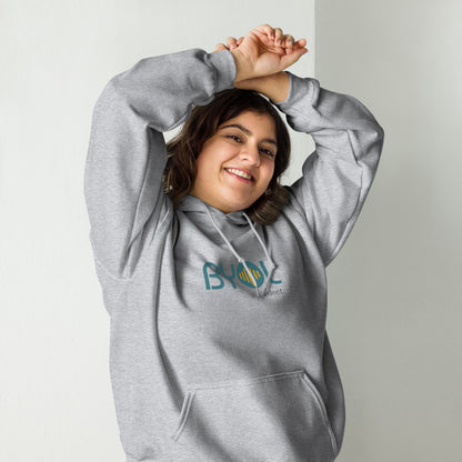 Woman wearing a sport grey BYOL mindset hoodie with color options in black, maroon, olive green, and gray, available in sizes S to 5XL.