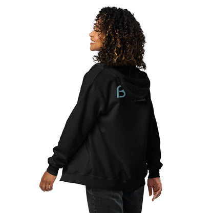 Back view of a woman wearing a black BYOL mindset hoodie with color options in black, navy blue, gray, and light blue, available in sizes S to 3XL.