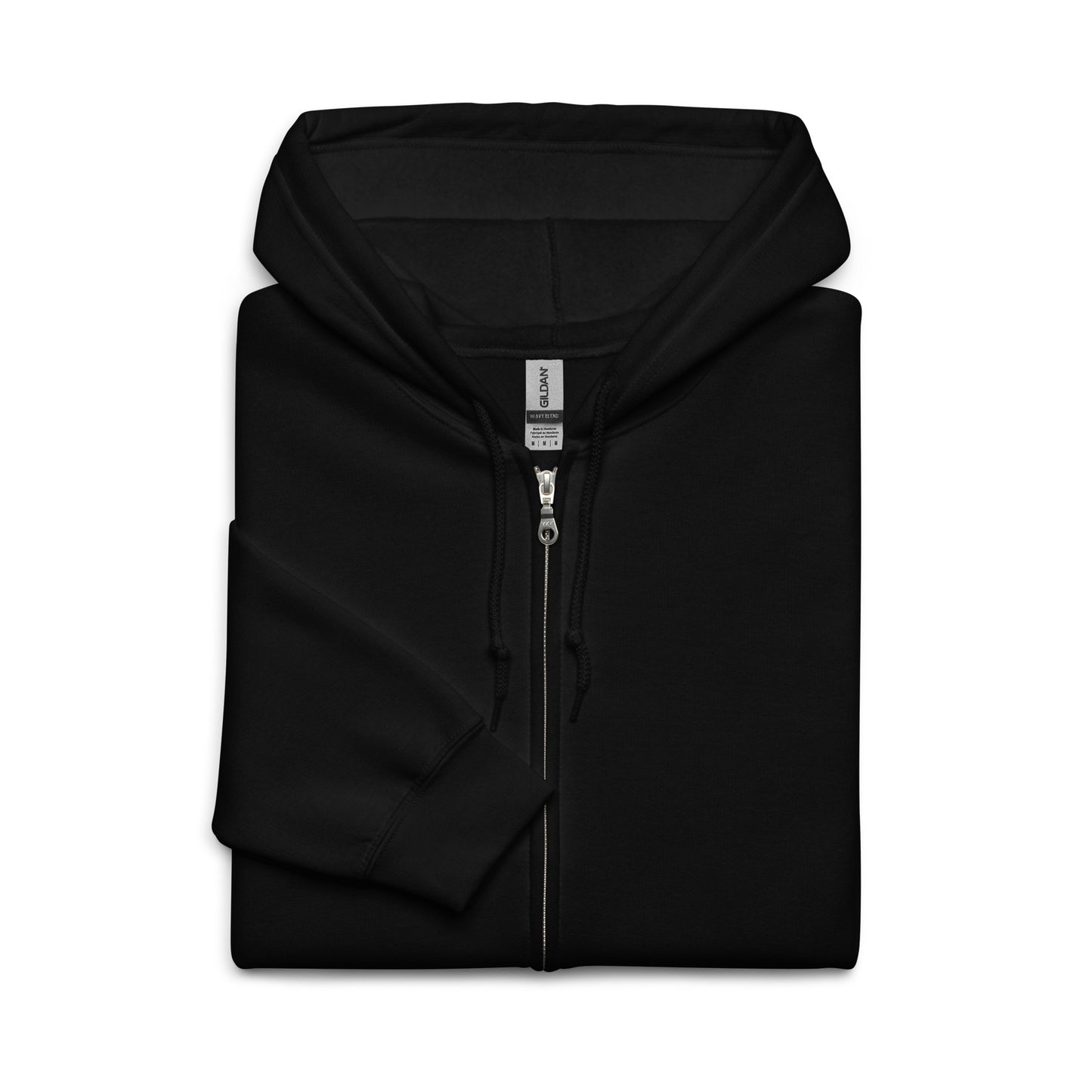 Folded black BYOL mindset zip-up hoodie with drawstrings and front zipper, available in various sizes.