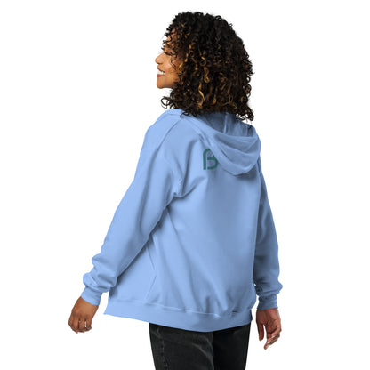 Back view of a woman wearing a carolina blue BYOL mindset hoodie with color options in black, navy blue, gray, and light blue, available in sizes S to 3XL.