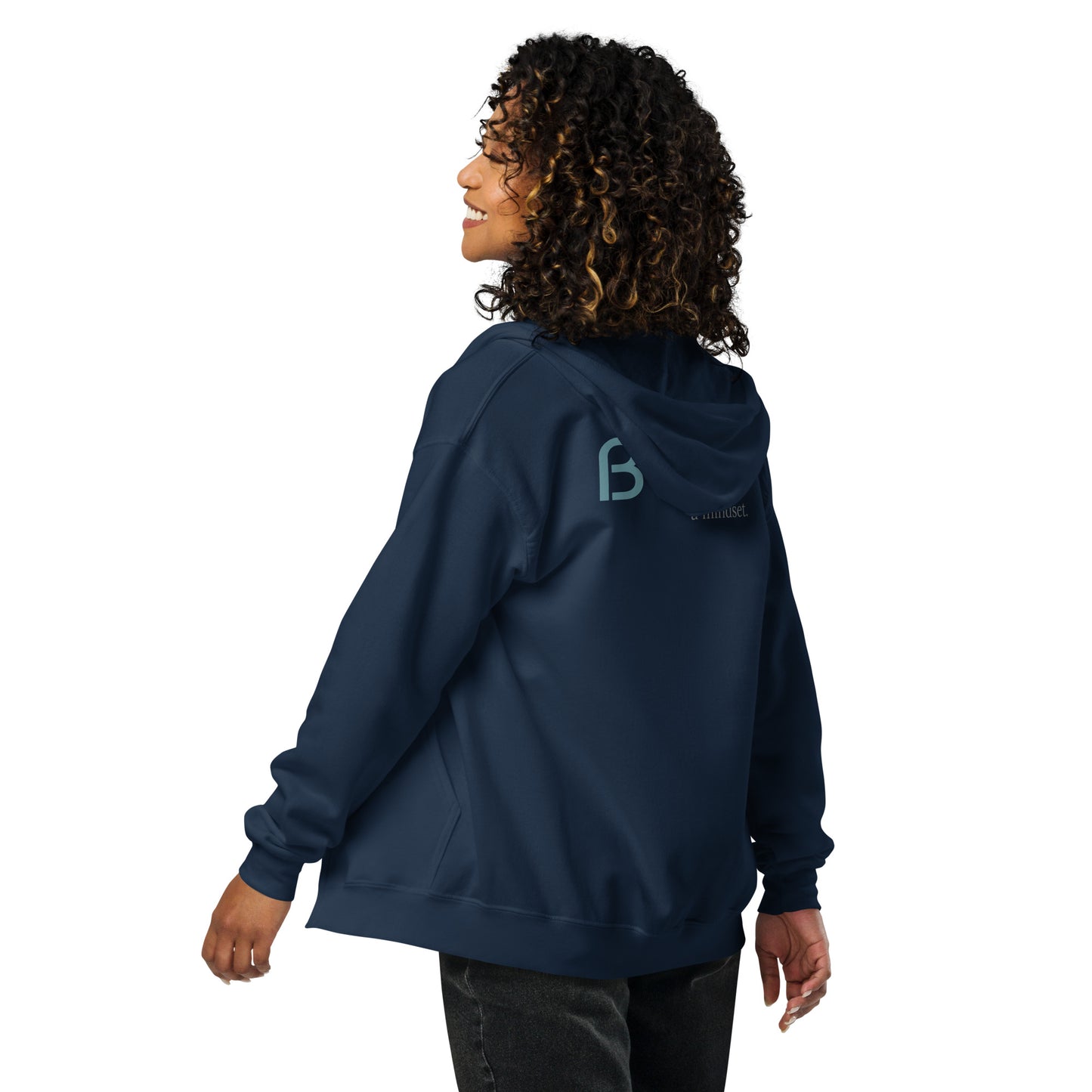 Back view of a woman wearing a navy BYOL mindset hoodie with color options in black, navy blue, gray, and light blue, available in sizes S to 3XL.