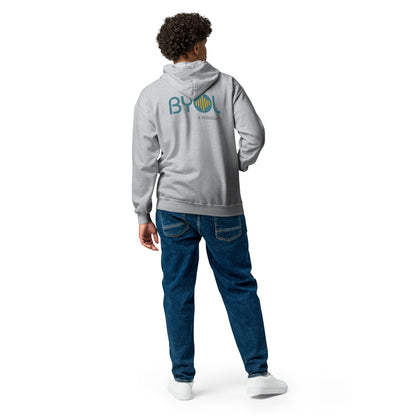 A young man with curly hair wearing a heather grey "BYOL: a mindset" hoodie, viewed from the back. The hoodie features the "BYOL" logo in teal and yellow on the back and is available in multiple colors (black, gray, navy, white, plus more) and sizes (S-3XL). The "be you out loud" logo is displayed at the top.