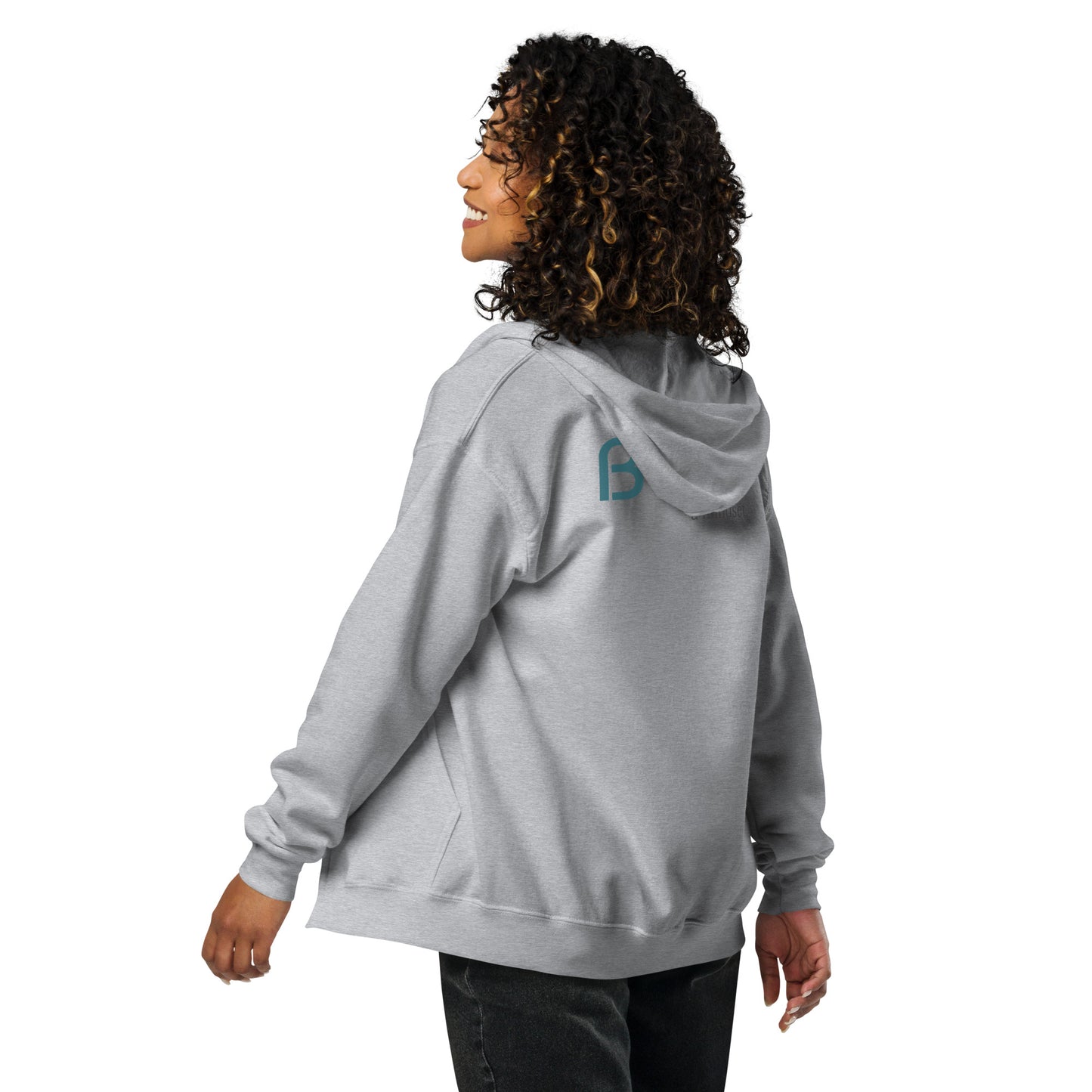 Back view of a woman wearing a heather grey BYOL mindset hoodie with color options in black, navy blue, gray, and light blue, available in sizes S to 3XL.