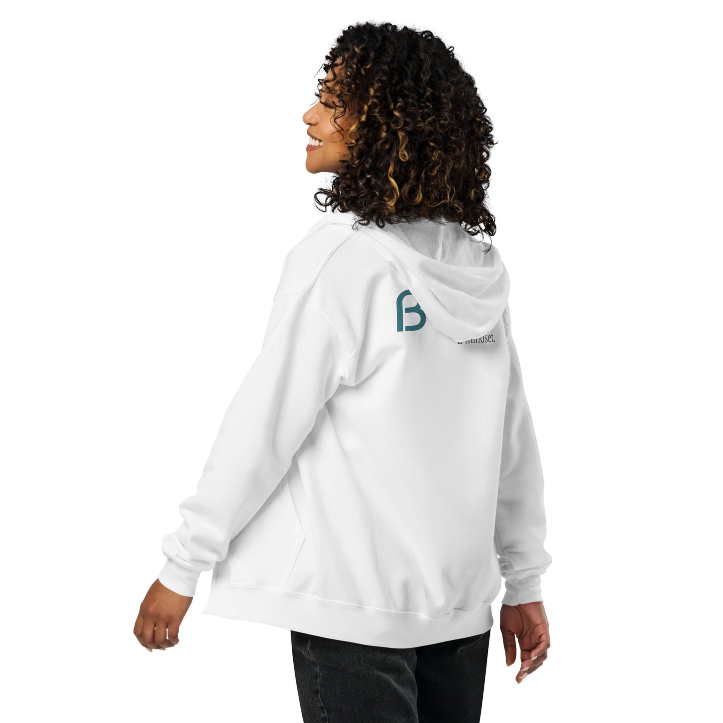 Back view of a woman wearing a white BYOL mindset hoodie with color options in black, navy blue, gray, and light blue, available in sizes S to 3XL.