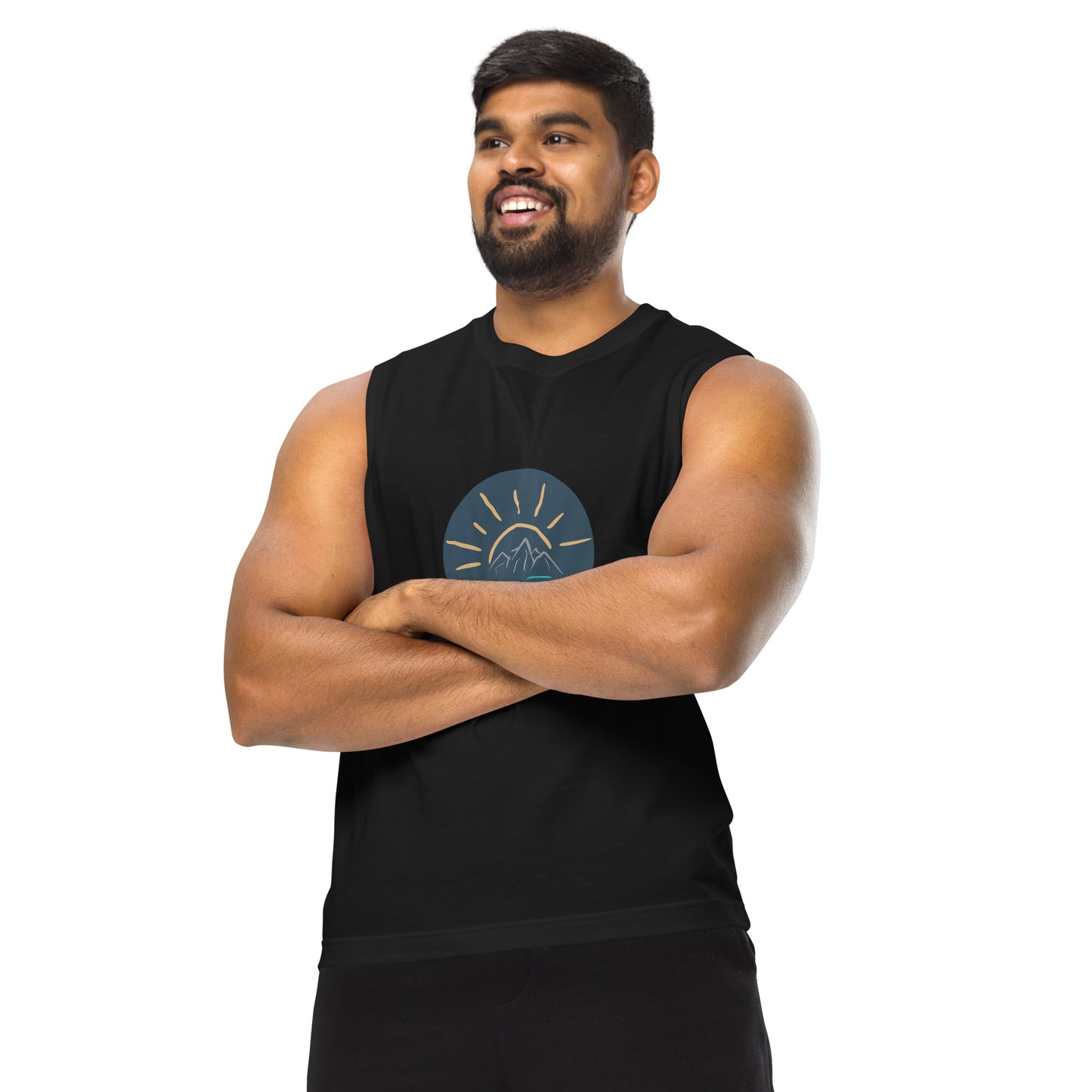 Men’s black muscle tee with mountain sunrise design.