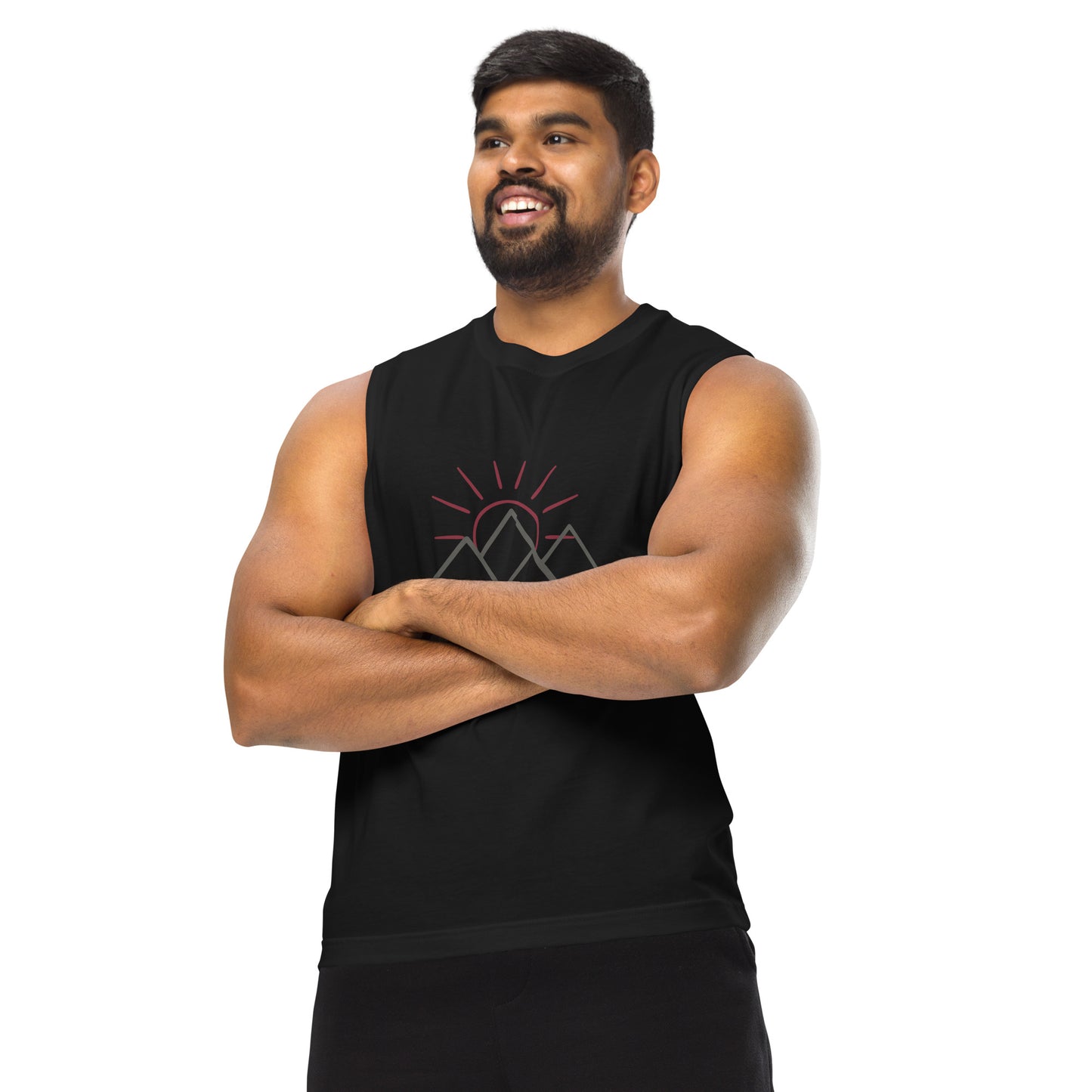 Men’s black muscle tee with mountain and sun design.