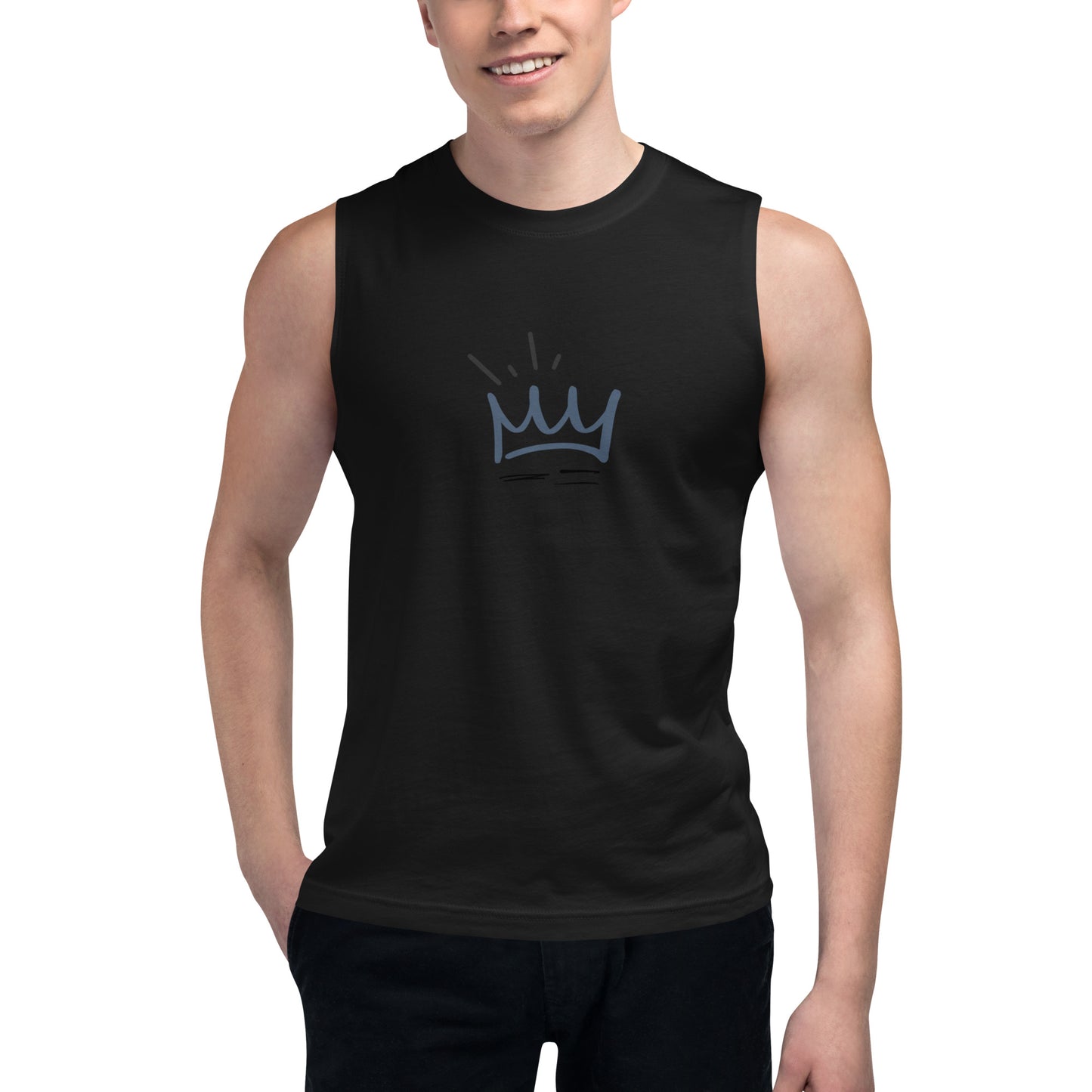 men’s black muscle tee with crown graphic.