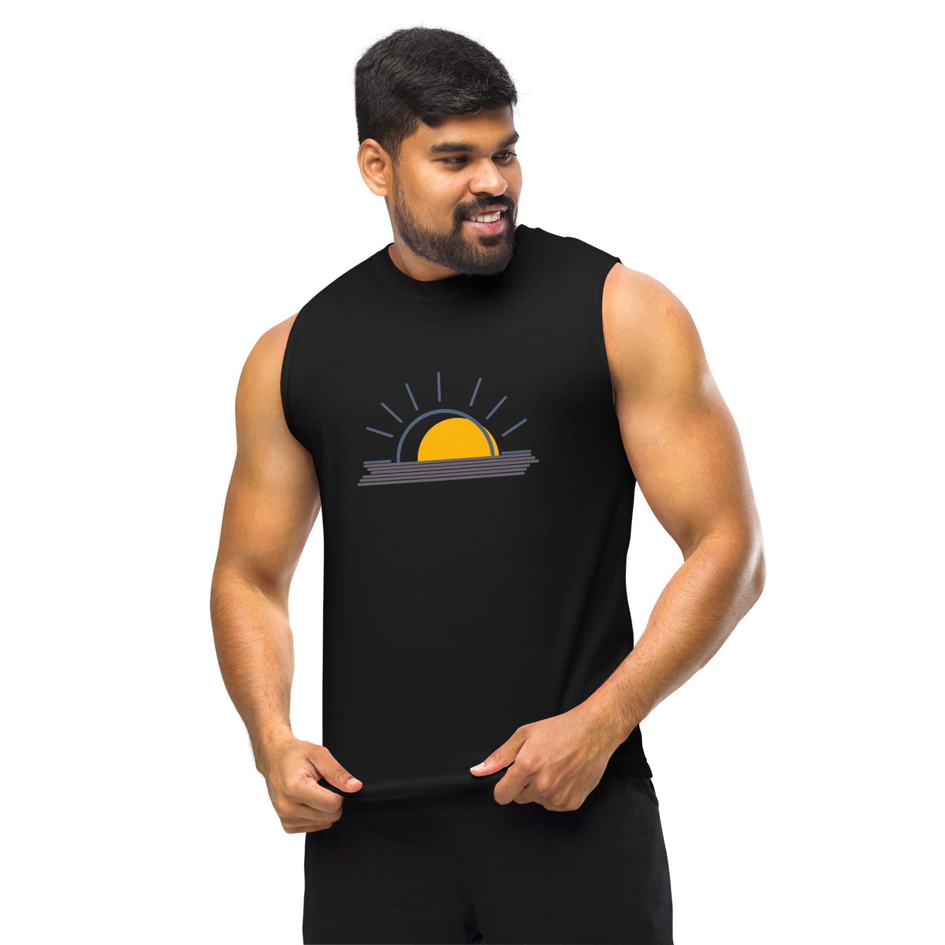 Men’s black muscle tee with sunrise graphic.