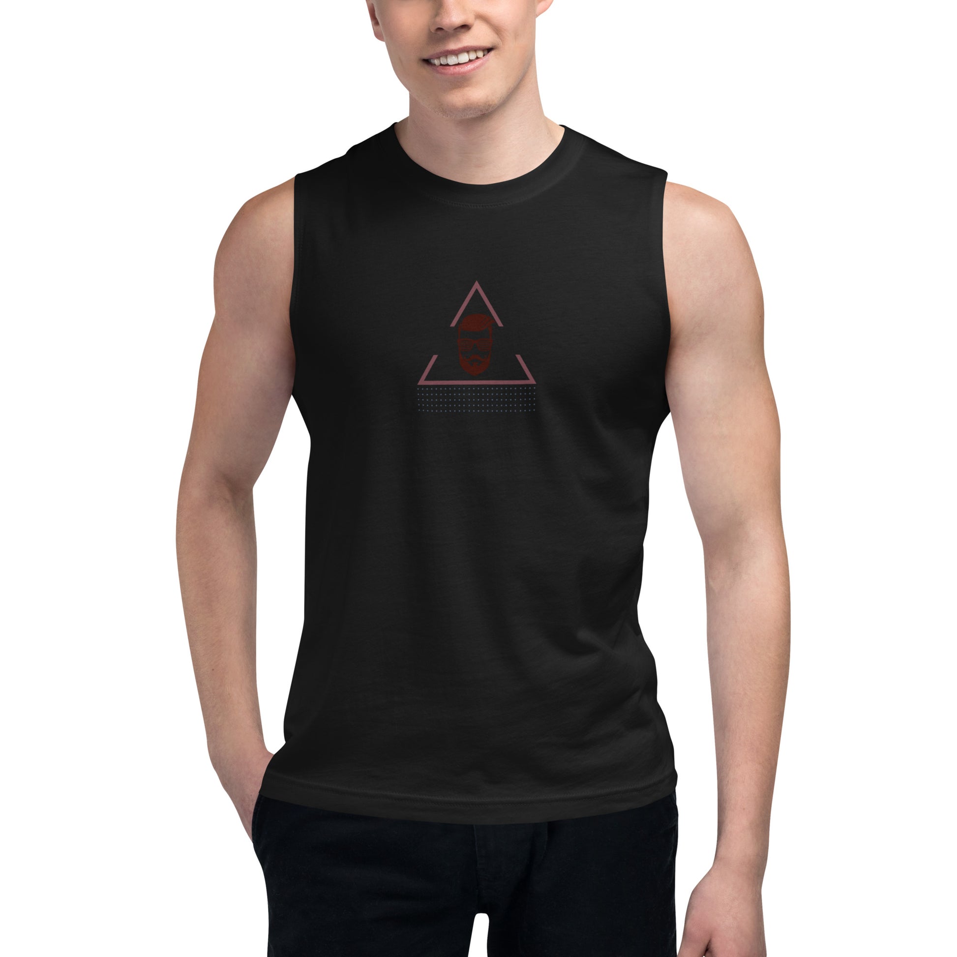 Men’s black muscle tee with bearded man graphic.