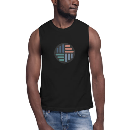 Men’s black muscle tee with geometric circle pattern.