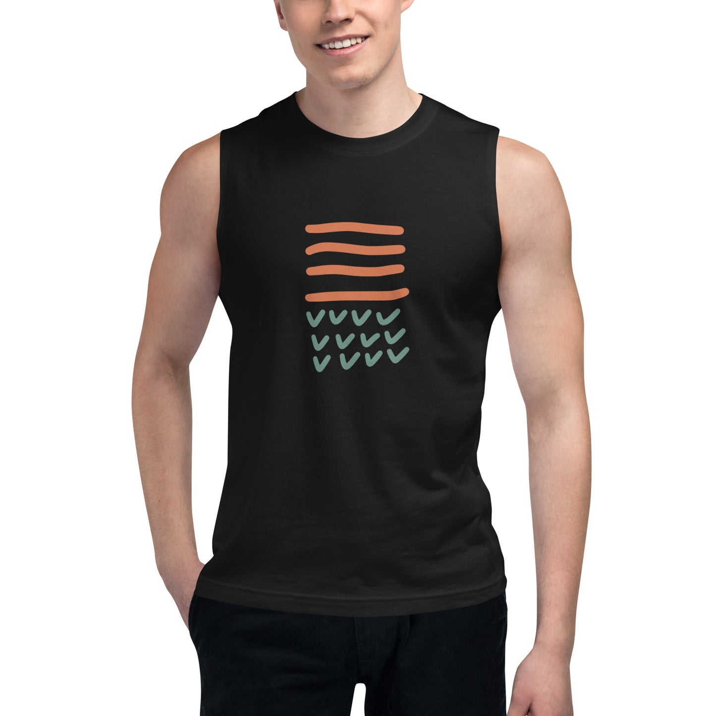 Men’s black muscle tee with abstract lines design.