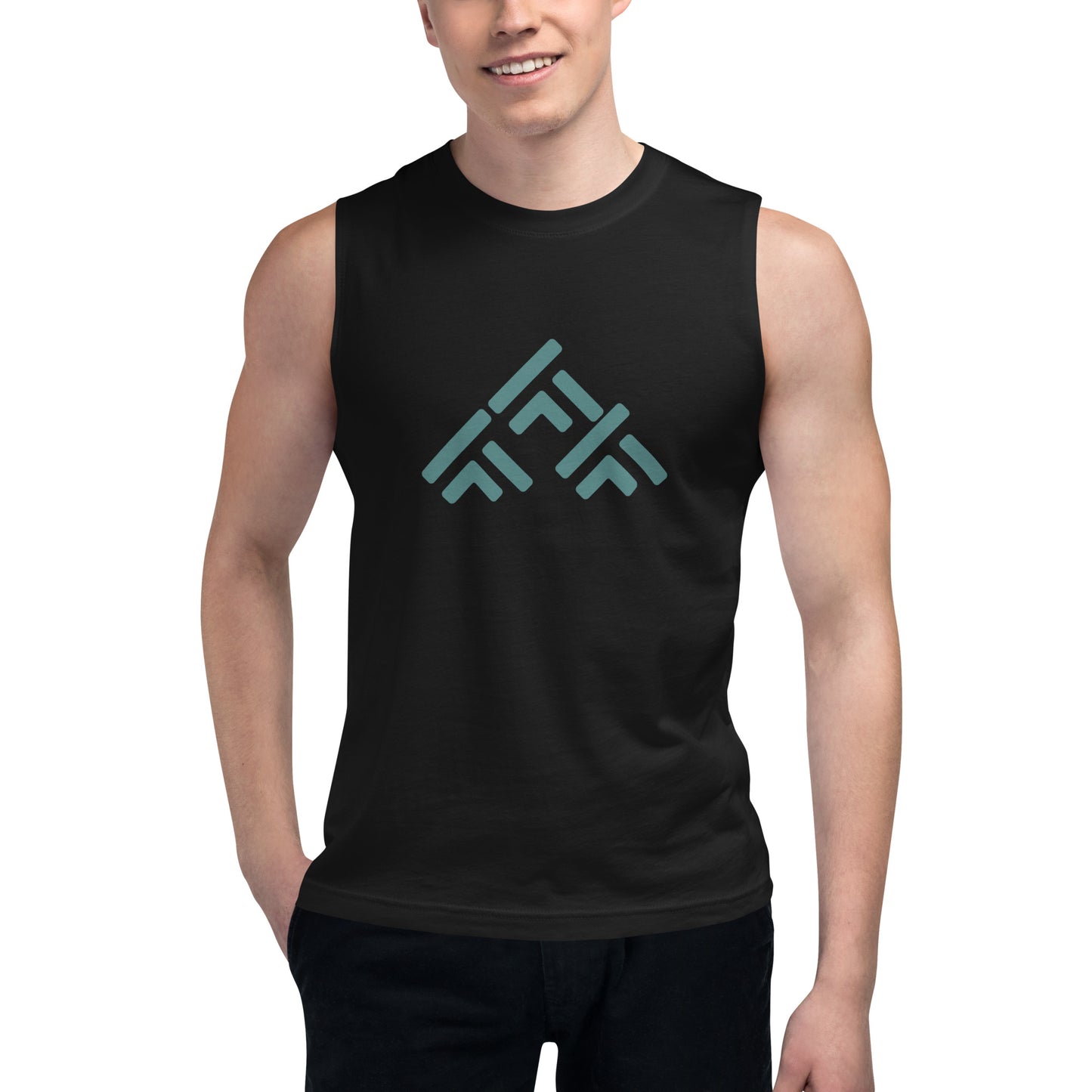 Men’s black muscle tee with geometric pattern.