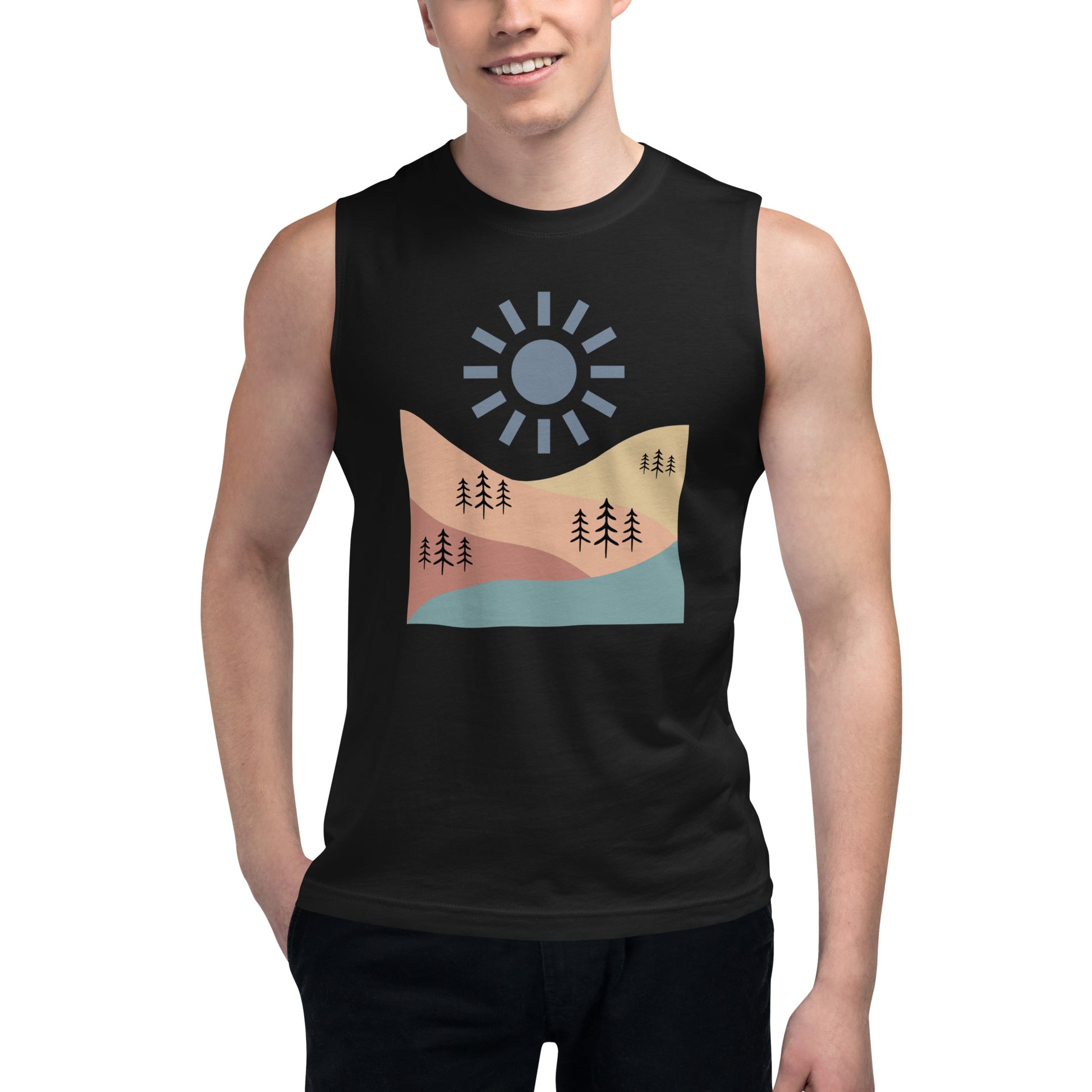 Men’s black muscle tee with abstract landscape design.