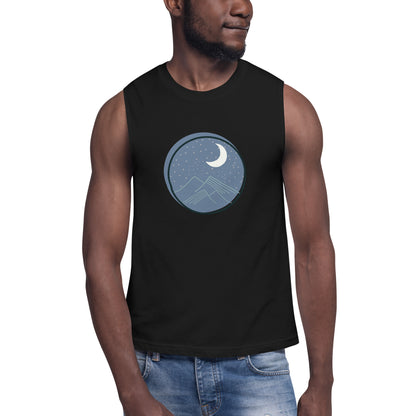 Men’s black muscle tee with moon and mountain design.