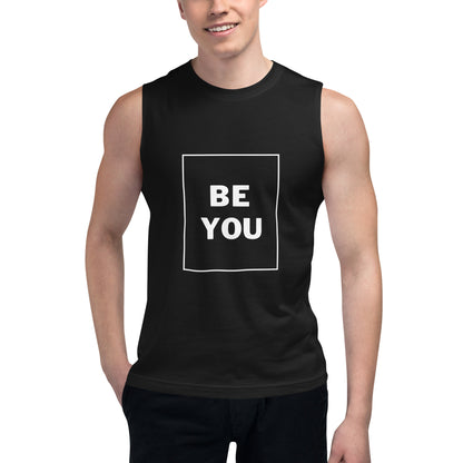 Men’s black muscle tee with "Be You" slogan.