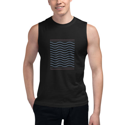 Men’s black muscle tee with wave pattern.