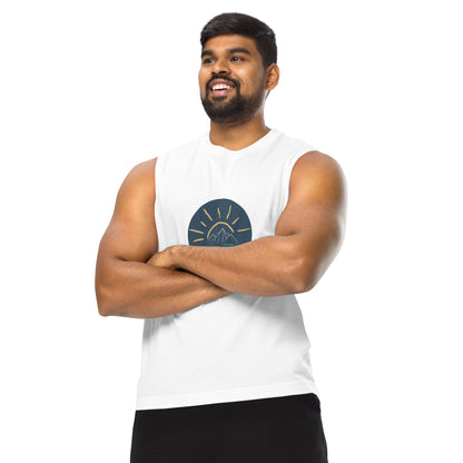 Men’s white muscle tee with mountain sunrise design.