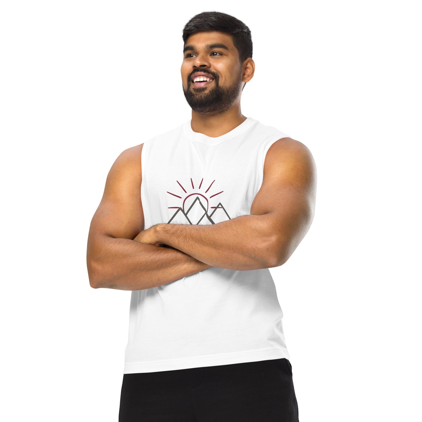 Men’s white muscle tee with mountain and sun design.