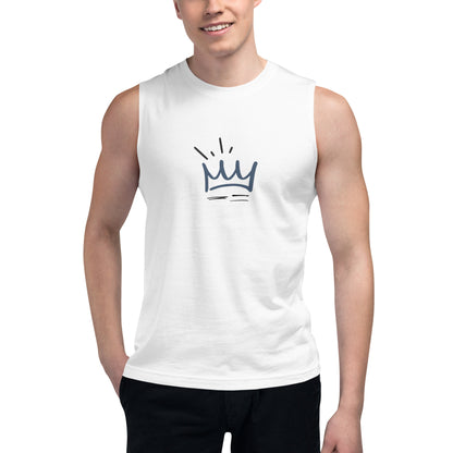 men’s white muscle tee with crown graphic.