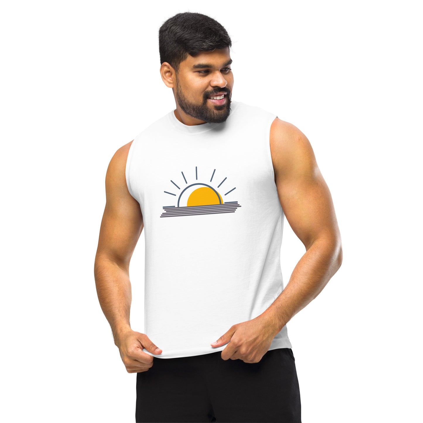 Men’s white muscle tee with sunrise graphic.