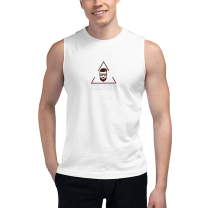 Men’s white muscle tee with bearded man graphic.