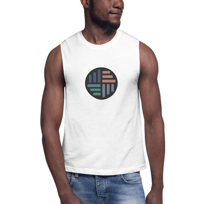 Men’s white muscle tee with geometric circle pattern.