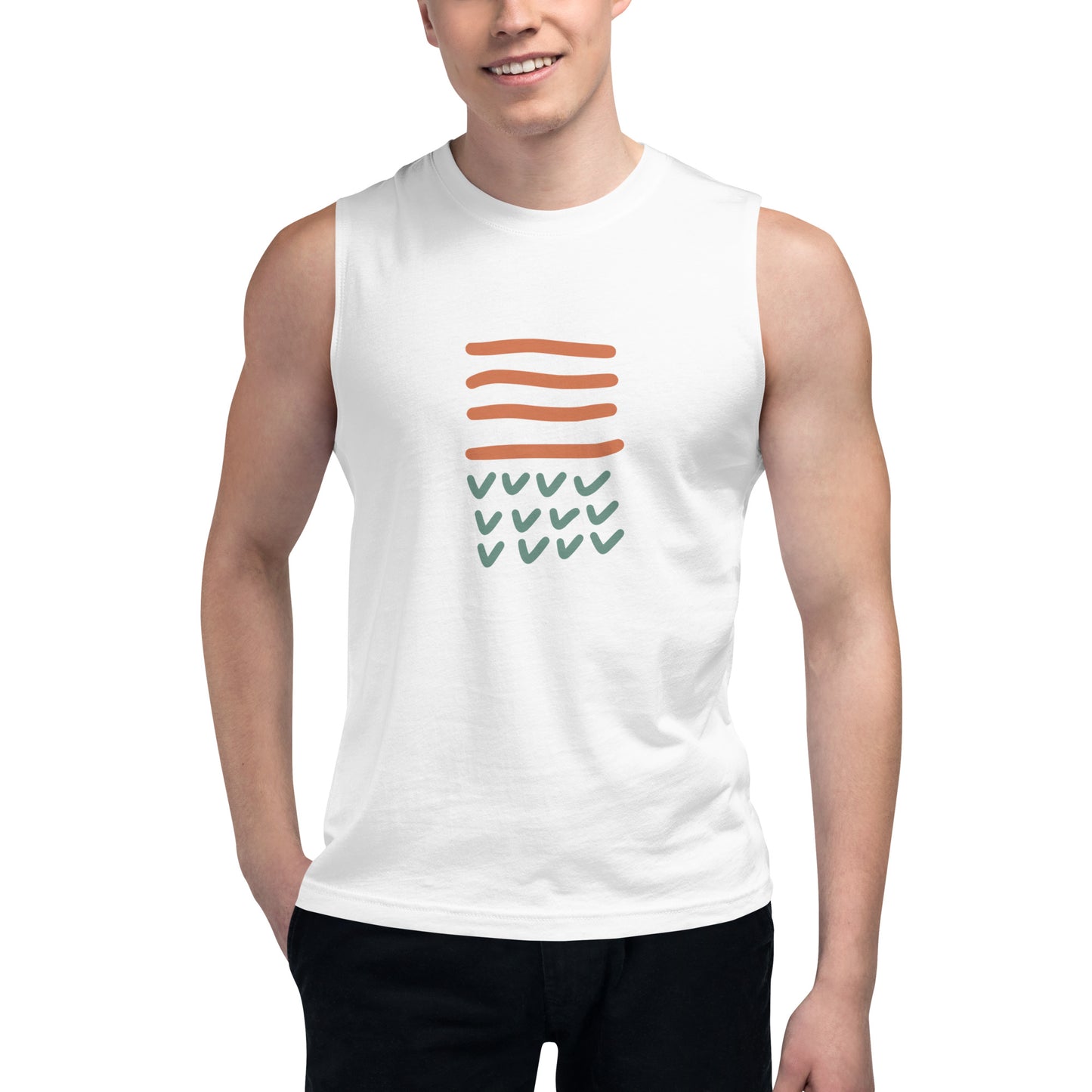 Men’s white muscle tee with abstract lines design.