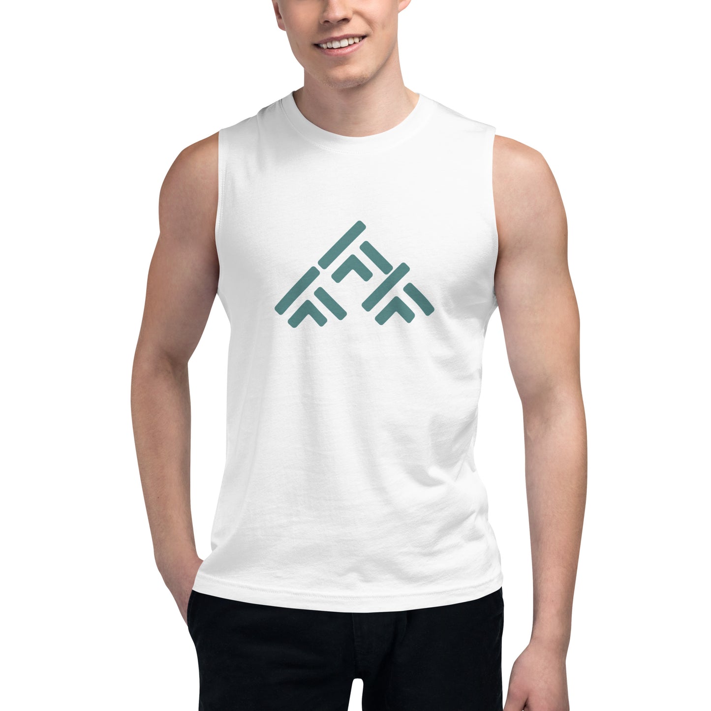 Men’s white muscle tee with geometric pattern.