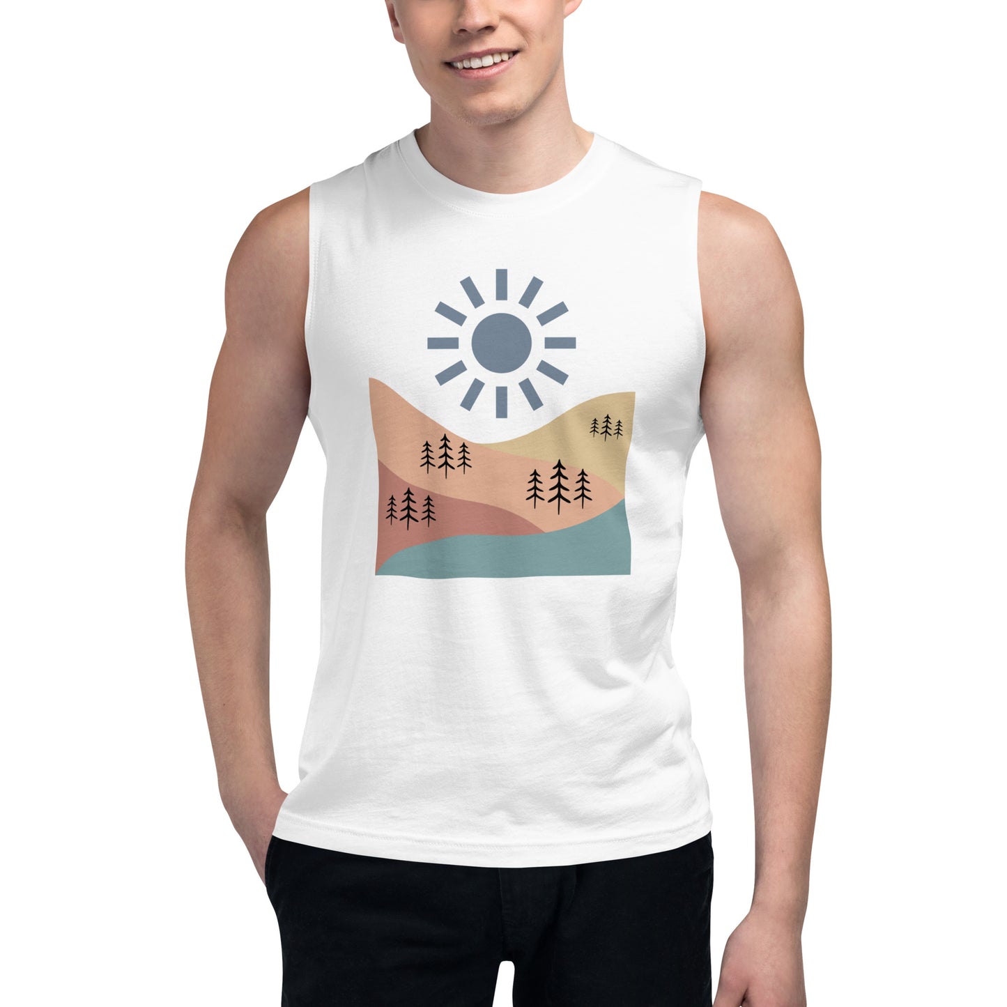 Men’s white muscle tee with abstract landscape design.