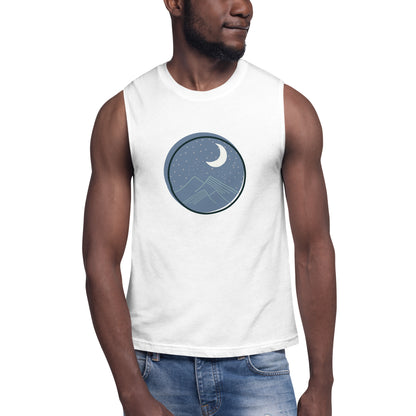 Men’s white muscle tee with moon and mountain design.