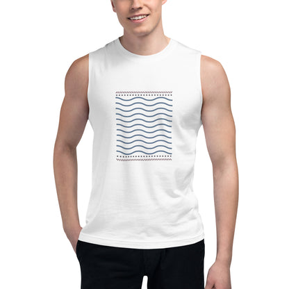 Men’s white muscle tee with wave pattern.