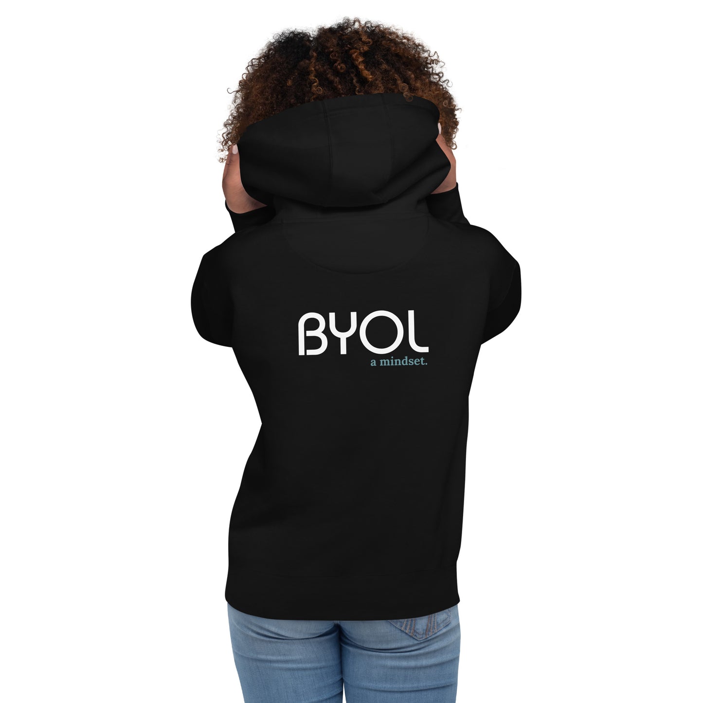 Back view of a woman wearing a black BYOL mindset hoodie with color options in black, maroon, dark gray, and light pink, available in sizes S to 3XL.