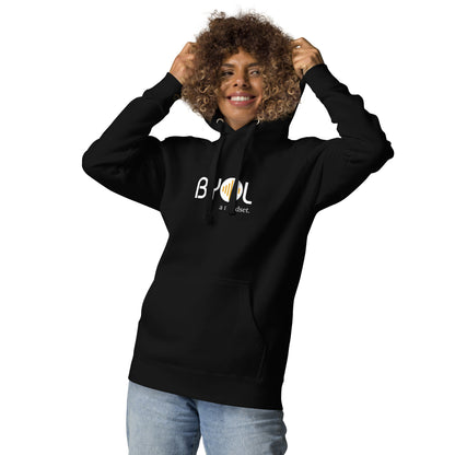 Woman wearing a black BYOL mindset hoodie with color options in black, dark gray, pink, and light gray, available in sizes S to 2XL.