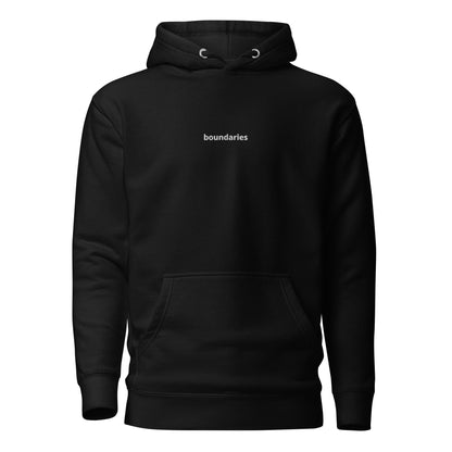 Black hoodie with 'boundaries' text on the chest.