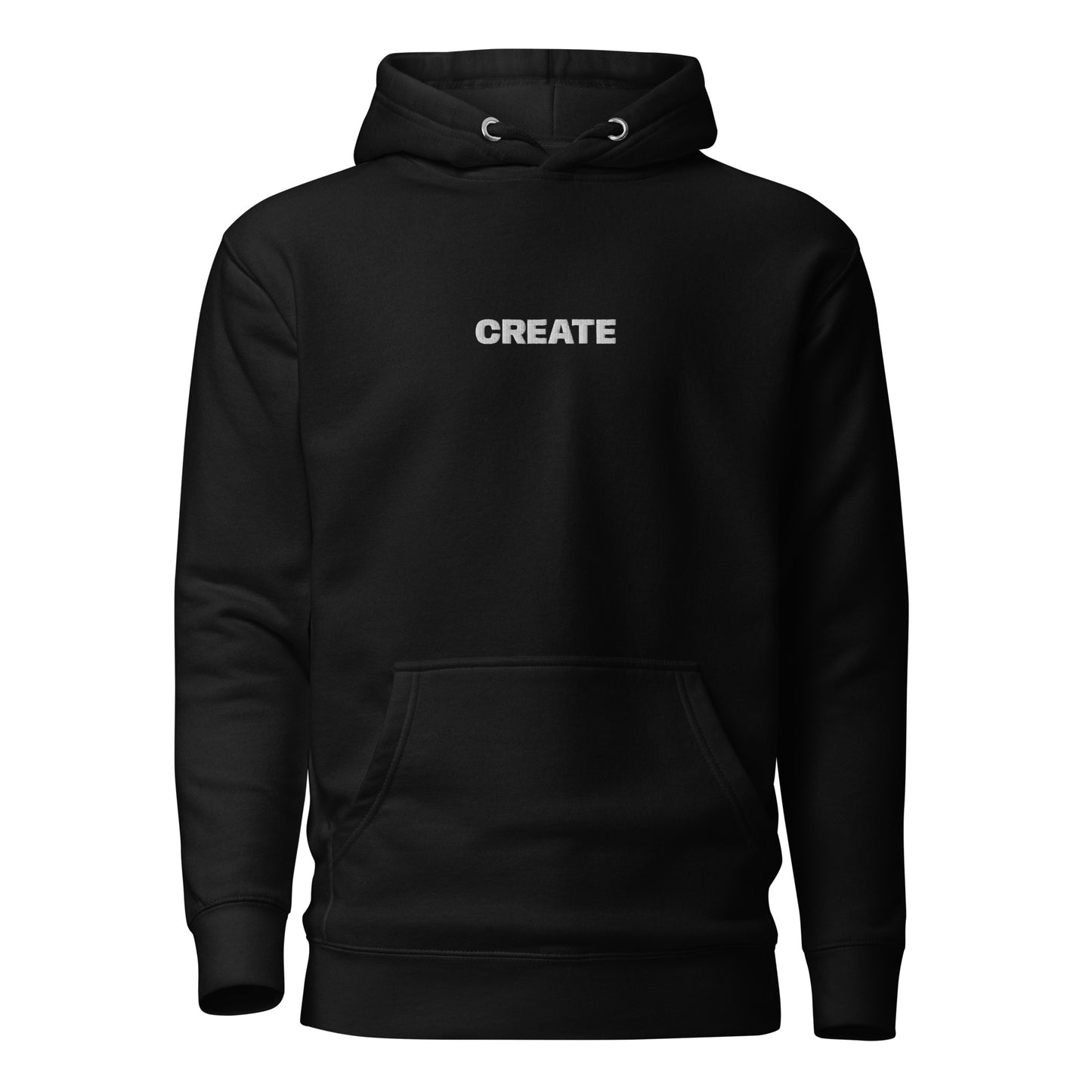 Black "Create" premium hoodie with front pouch pocket, matching drawstrings, and 3-panel hood.

