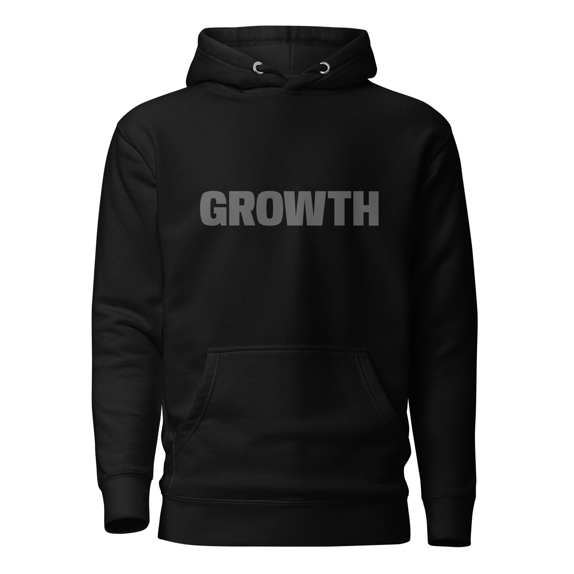 Black "Growth" printed premium hoodie with front pouch pocket, adjustable drawstrings, and soft fleece lining.