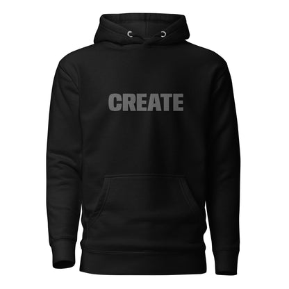 Black "Create" printed premium hoodie with front pouch pocket, adjustable drawstrings, and soft fleece lining.