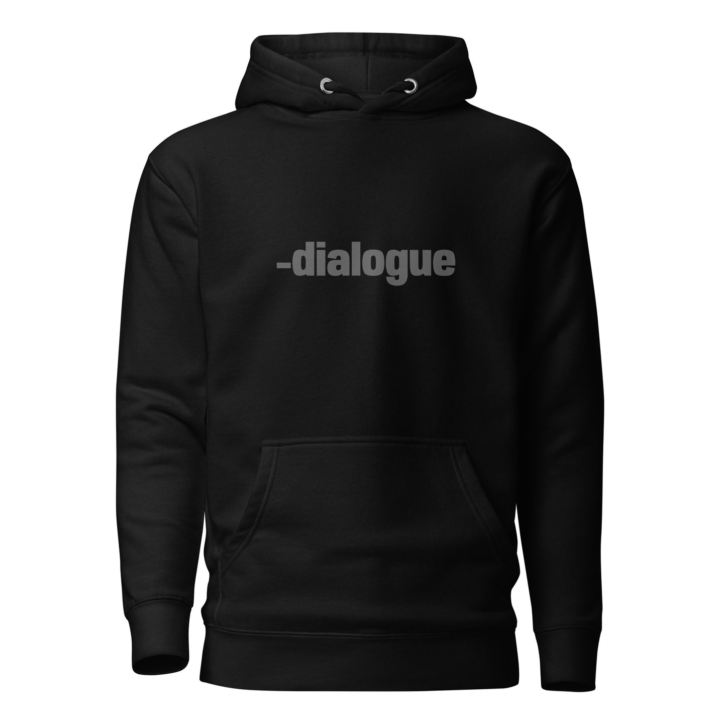 Black "Dialogue" printed premium hoodie with front pouch pocket, adjustable drawstrings, and soft fleece lining.