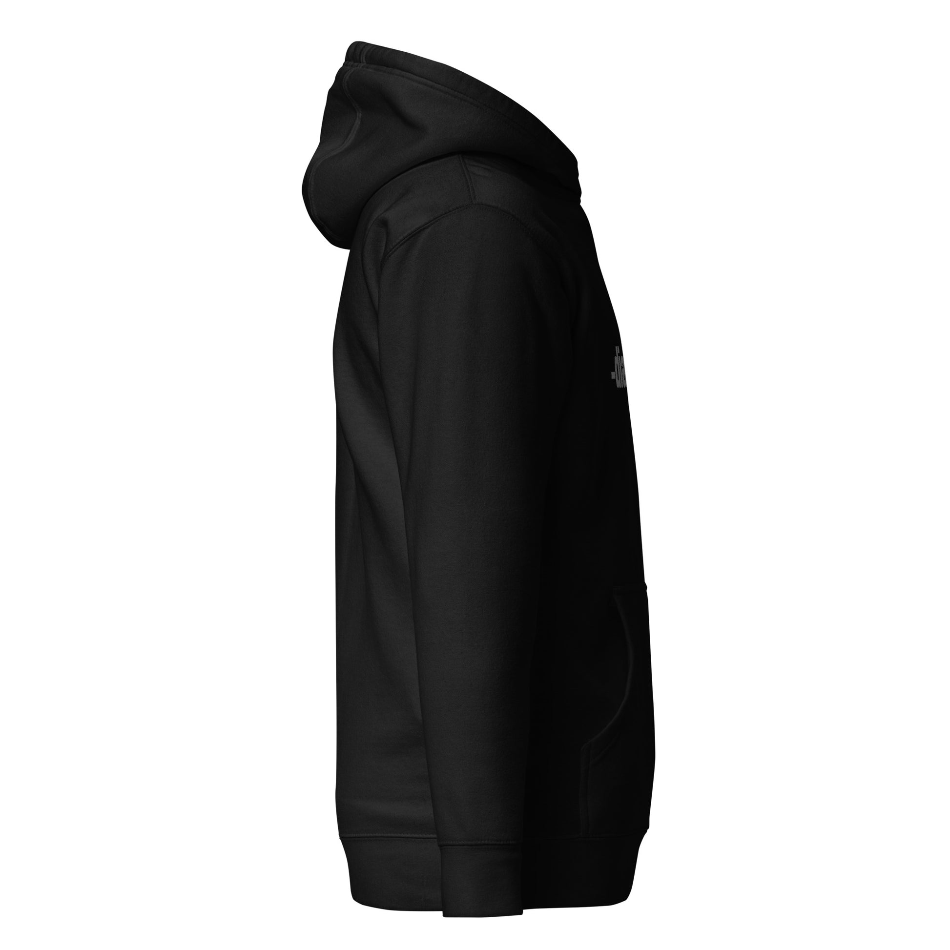 Side of black premium hoodie