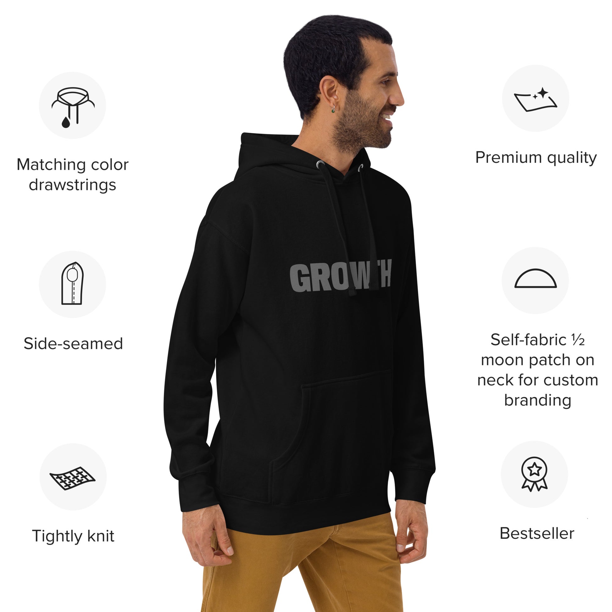 Man in "growth" black premium hoodie with products details around the image. 