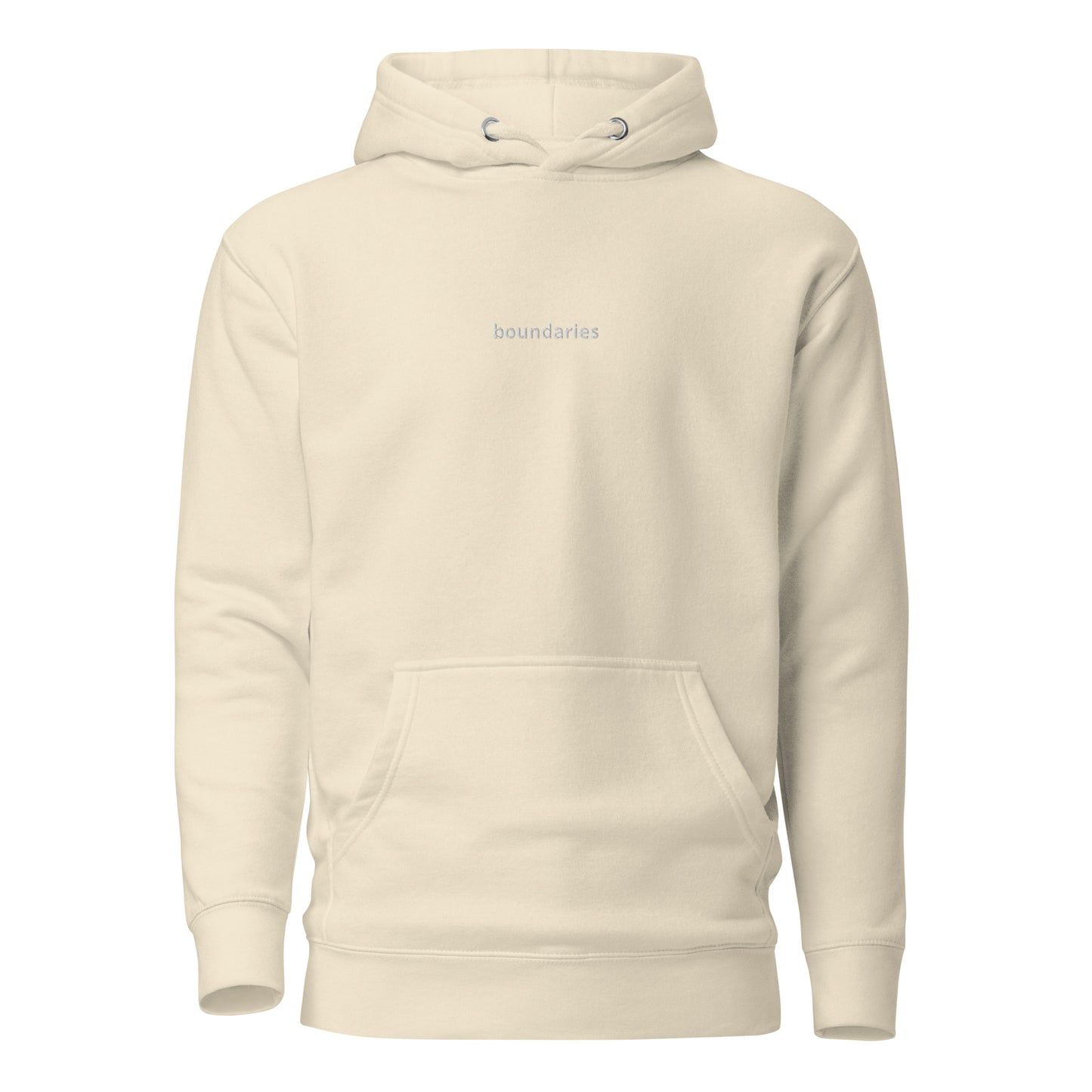 Bone hoodie with 'boundaries' text on the chest.