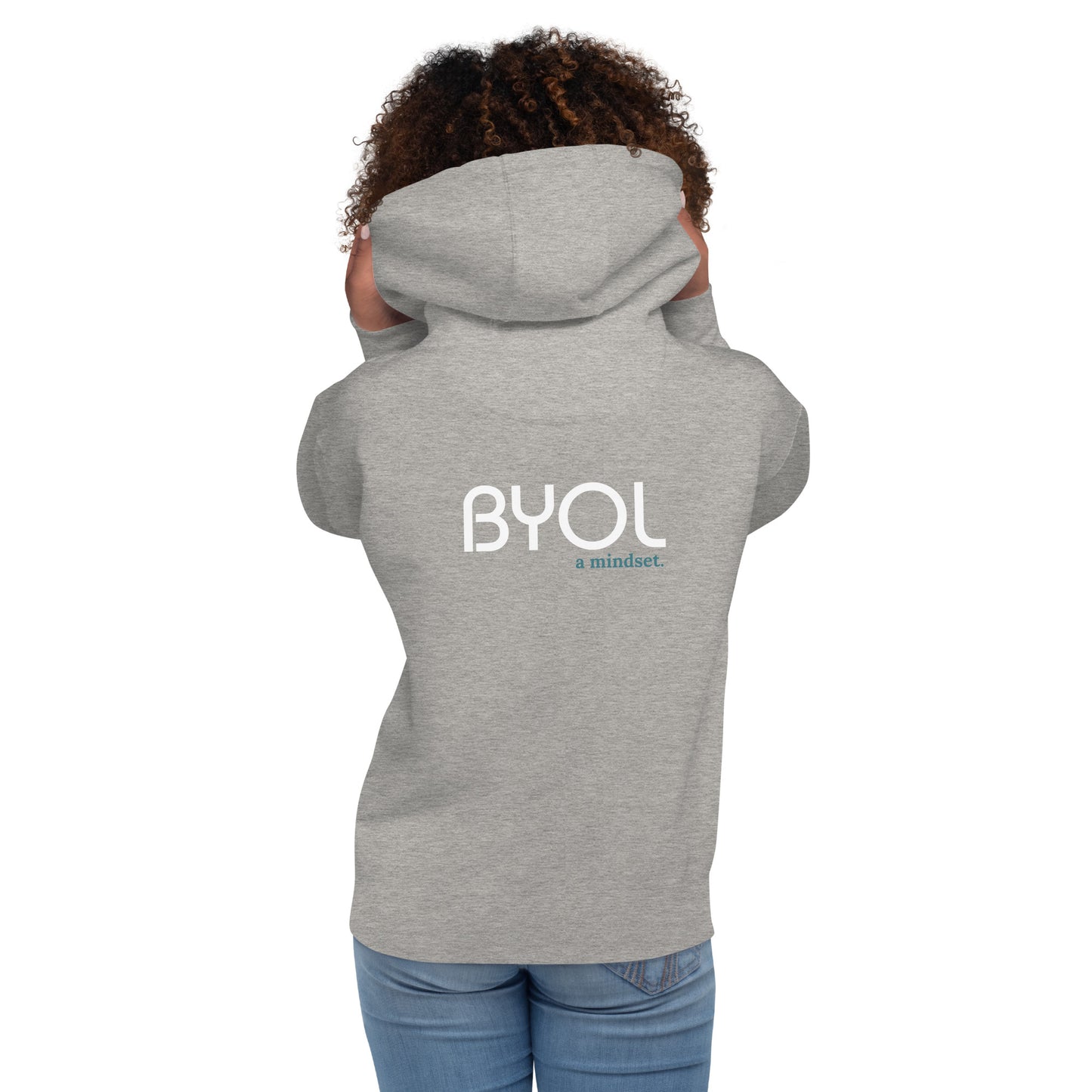 Back view of a woman wearing a light grey BYOL mindset hoodie with color options in black, maroon, dark gray, and light pink, available in sizes S to 3XL.