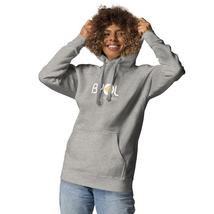 Woman wearing a carbon grey BYOL mindset hoodie with color options in black, dark gray, pink, and light gray, available in sizes S to 2XL.