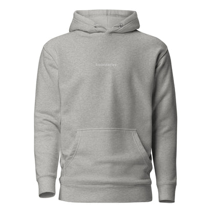 Carbon grey hoodie with 'boundaries' text on the chest.