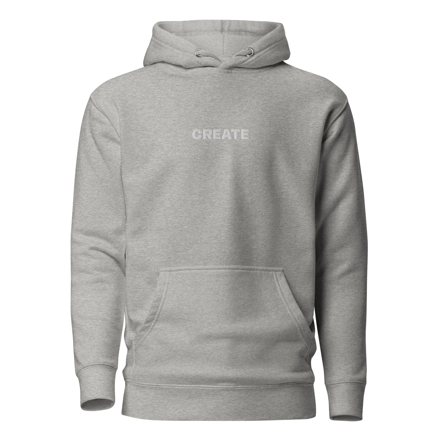 Carbon grey "Create" premium hoodie with front pouch pocket, matching drawstrings, and 3-panel hood.