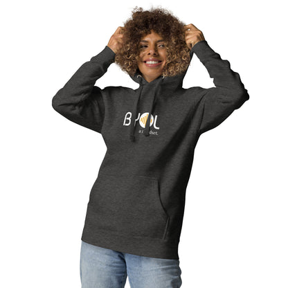 Woman wearing a dark heather grey BYOL mindset hoodie with color options in black, dark gray, pink, and light gray, available in sizes S to 2XL.