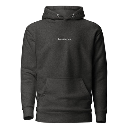 Heather grey hoodie with 'boundaries' text on the chest.