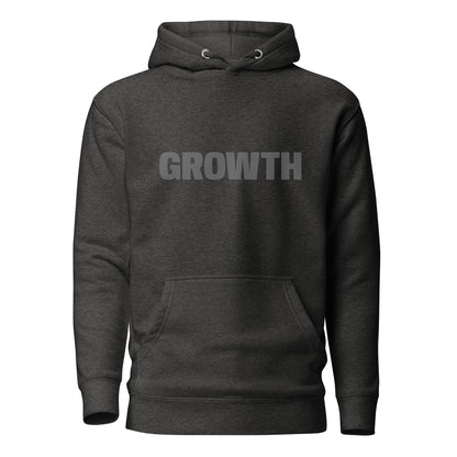 Charcoal grey "Growth" printed premium hoodie with front pouch pocket, adjustable drawstrings, and soft fleece lining.